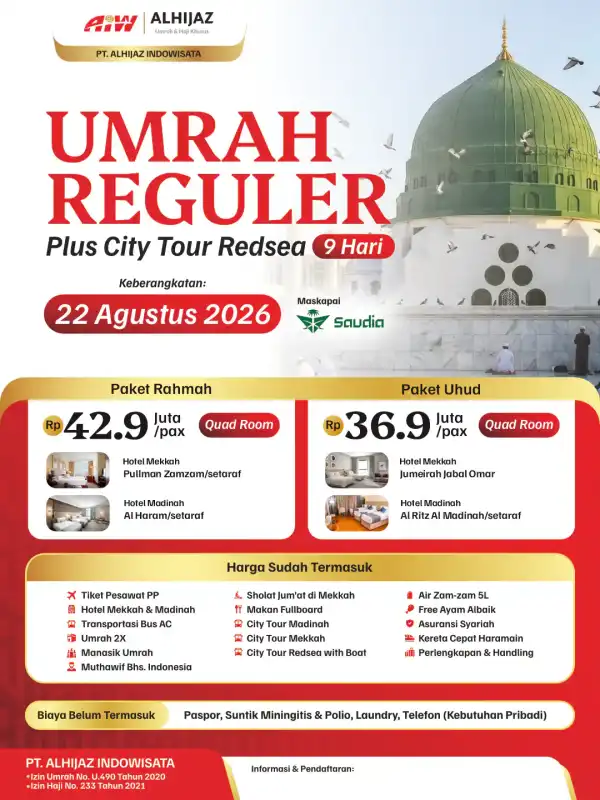UMRAH REGULER PLUS REDSEA PAKET RAHMAH MIX UHUD 9HR ( KERETA CEPAT)